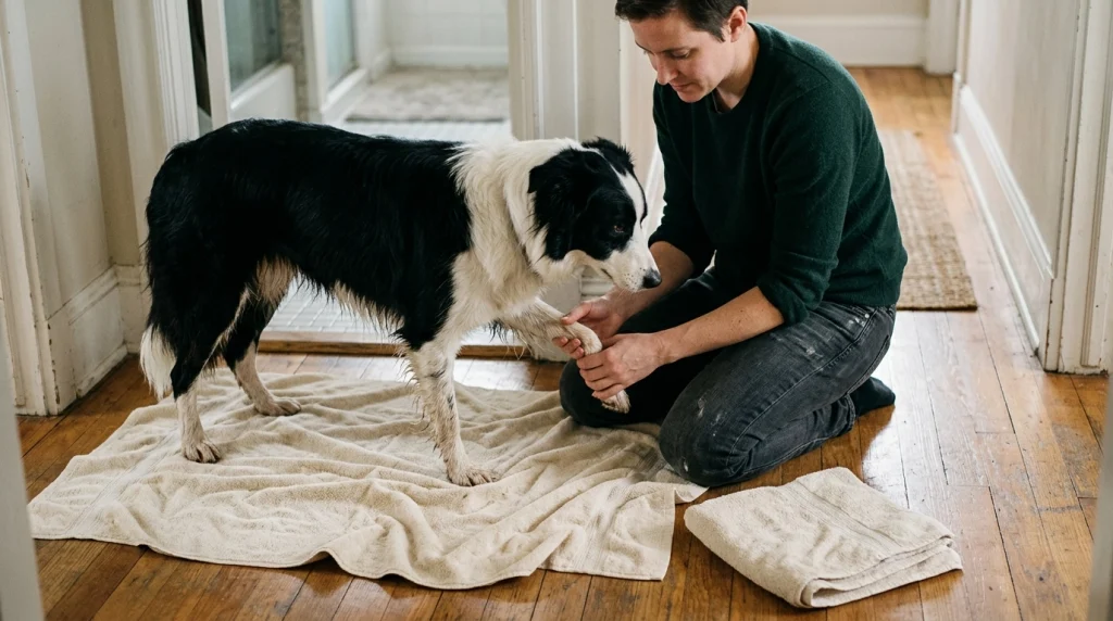 Owner checking a Border Collie's paw and lower-leg fur before the dog leaves its drying towel.