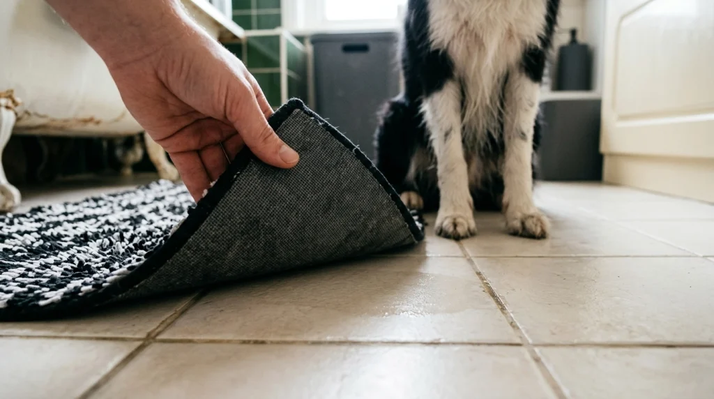 Lifted dog bath mat reveals a damp patch on the bathroom floor underneath.