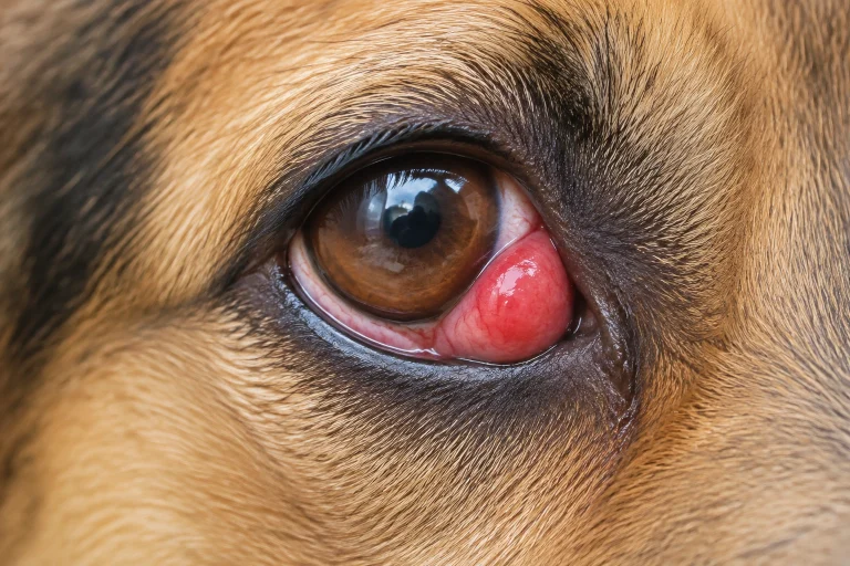 Dog with a red cherry eye swelling at the inner corner of the eye