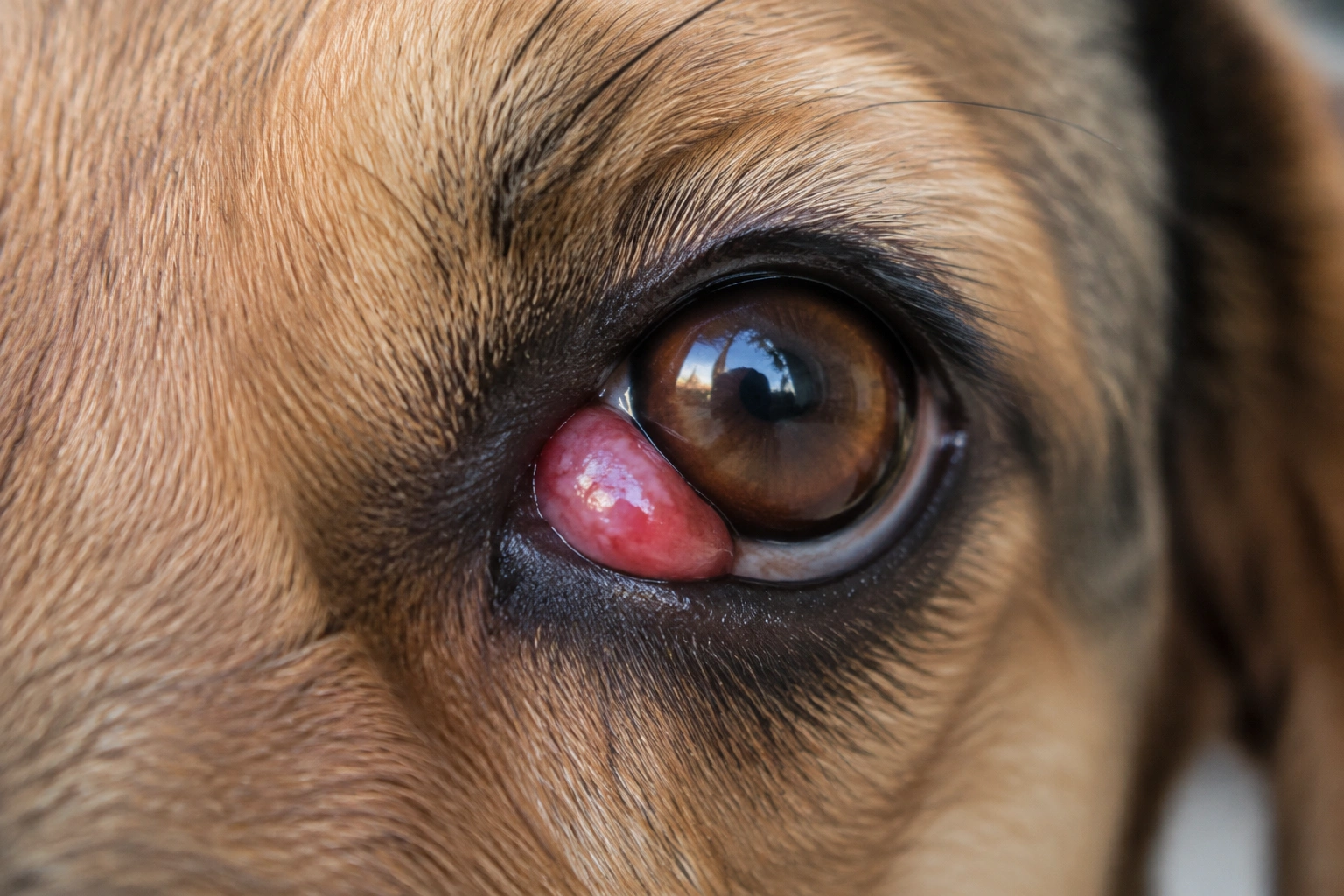 Dog with a red mass in the inner corner of the eye