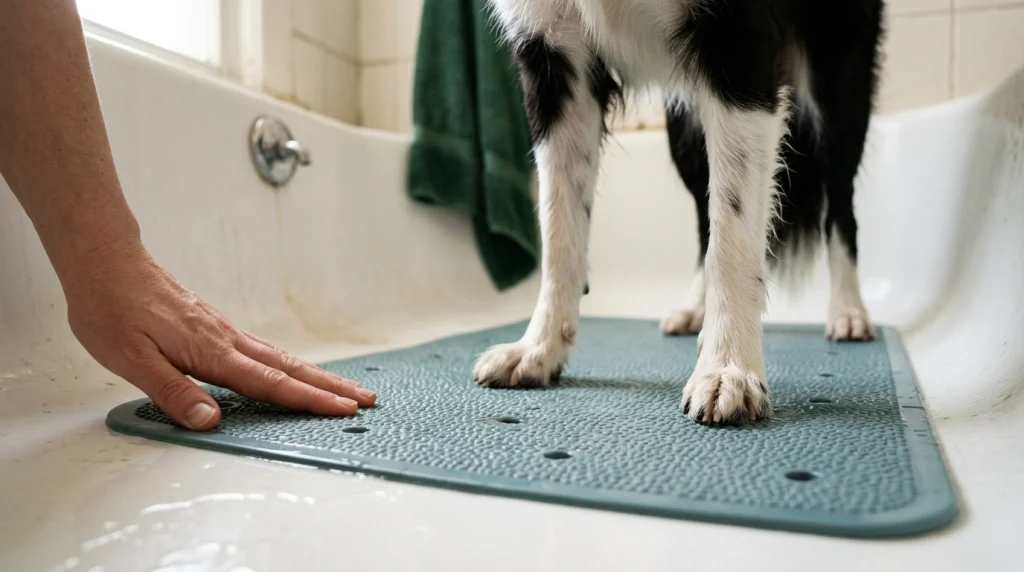 Close-up of a Border Collie's paws on a textured non-slip bathtub mat with drainage openings.