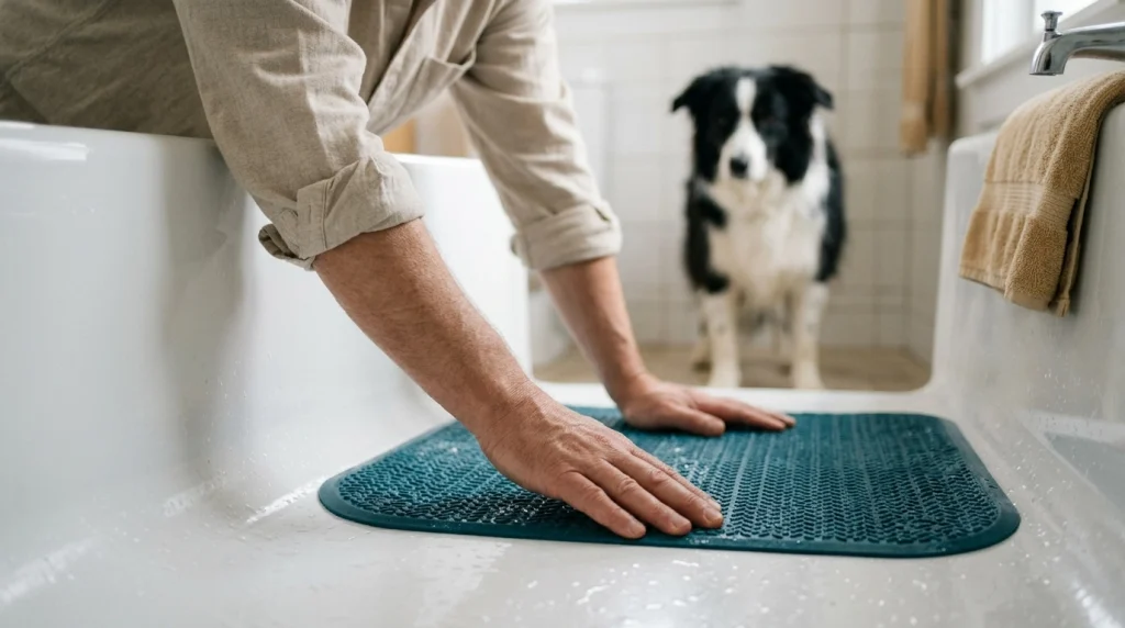 Owner testing the edge of a textured non-slip bathtub mat before bathing a Border Collie.