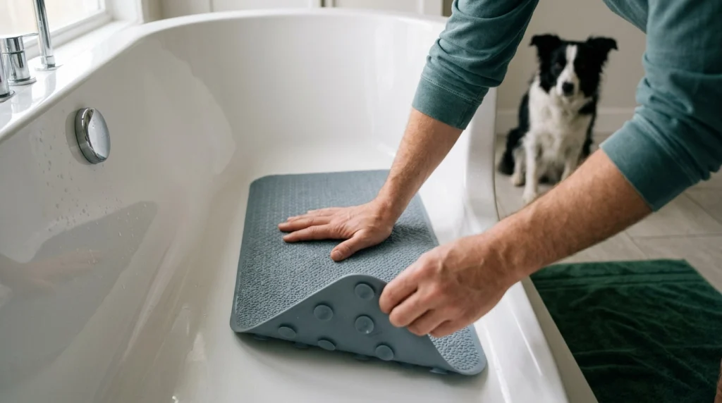 Dog owner pressing a textured non-slip mat into a bathtub to improve Border Collie traction.