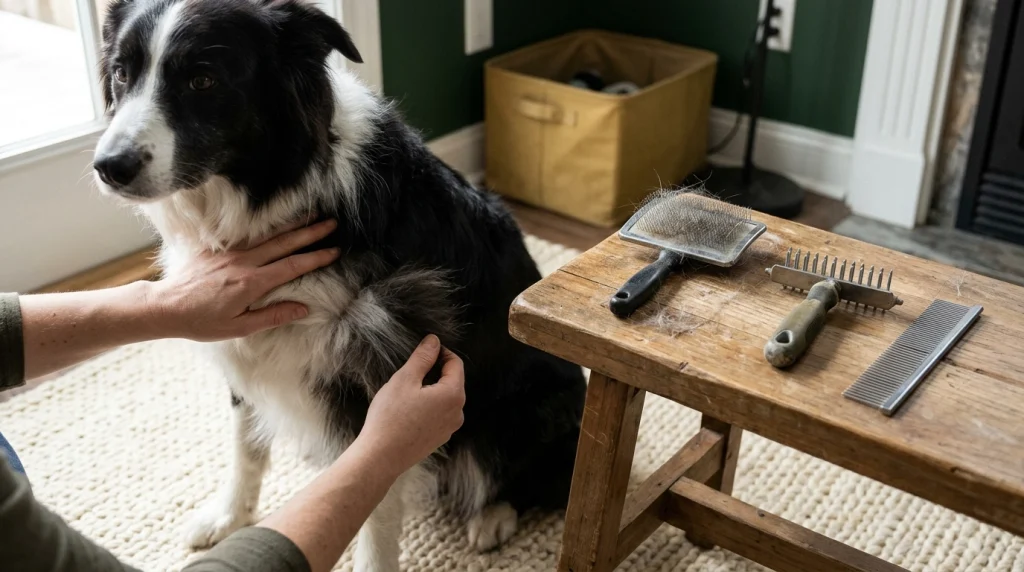 Slicker brush, rounded-tooth undercoat rake, and metal comb beside a Border Collie