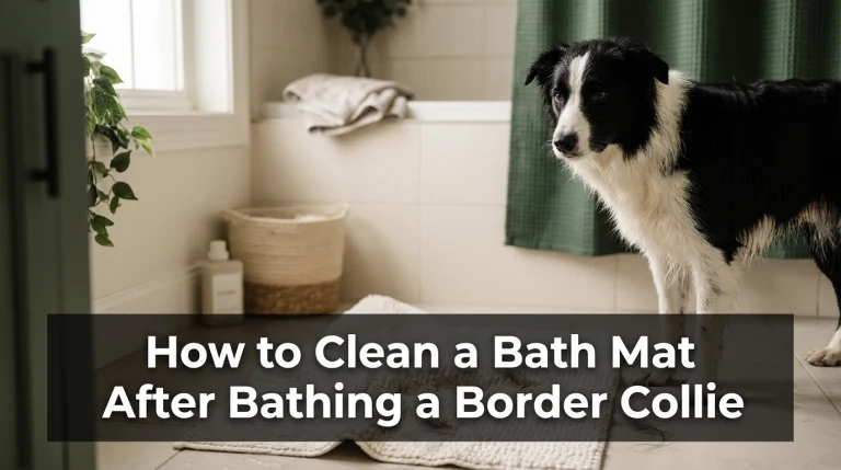 Border Collie beside a damp bath mat after bathing, ready for cleaning.