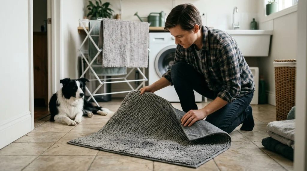 Person checking a washed bath mat for residue before leaving it to dry.