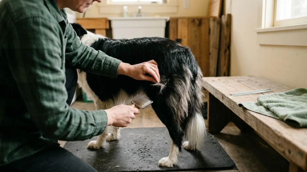 Caregiver pausing to inspect a small tangle in a Border Collie's feathering before a bath