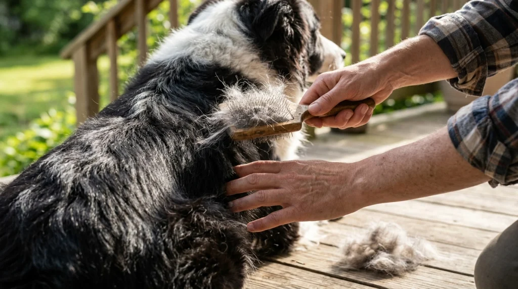 Grooming a Border Collie's double coat with a brush on a sunny porch.