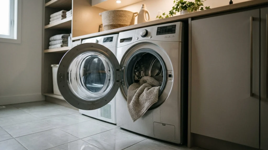Laundry room setting highlighting common maintenance mistakes for pet mats.