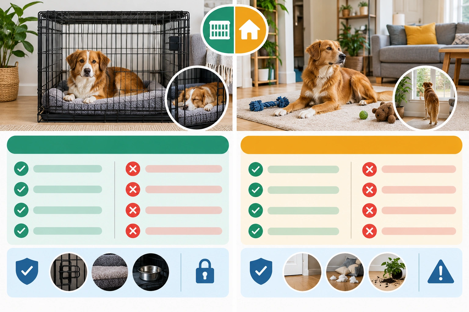 Dog owner comparing crate training and free roaming for alone time