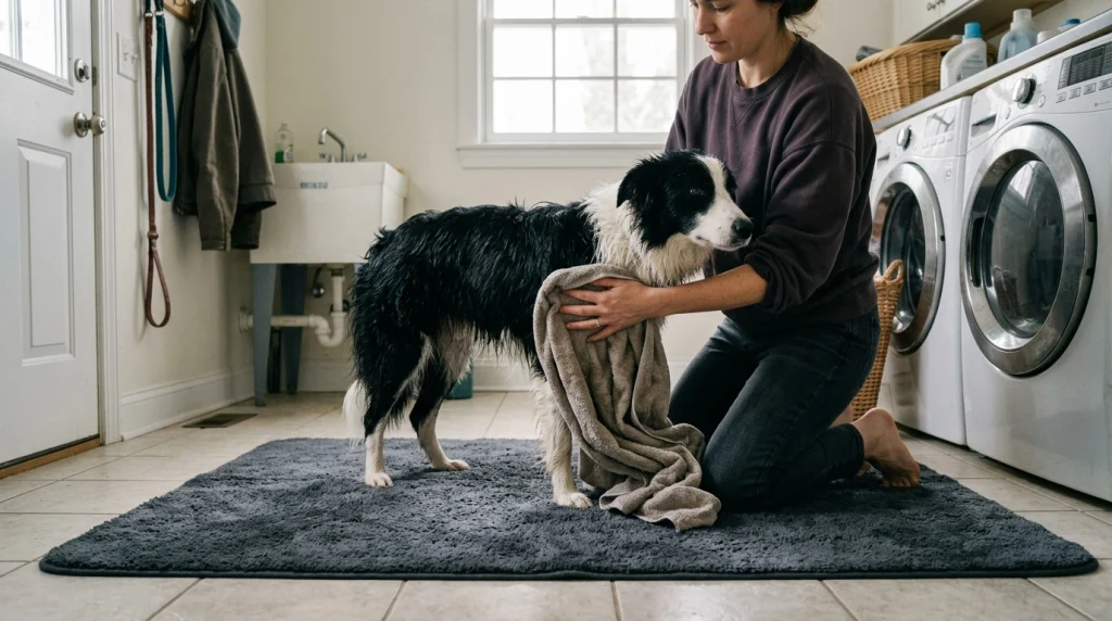 Person gently drying a Border Collie on a microfiber mat in a utility room.