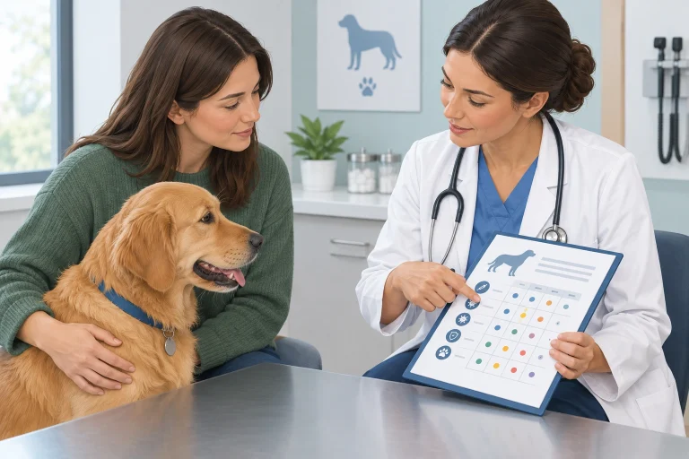 Dog owner reviewing a DA2PP vaccine chart with a veterinarian