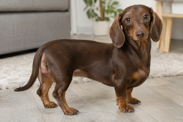 Young female Dachshund showing early heat signs with swollen vulva and mild spotting