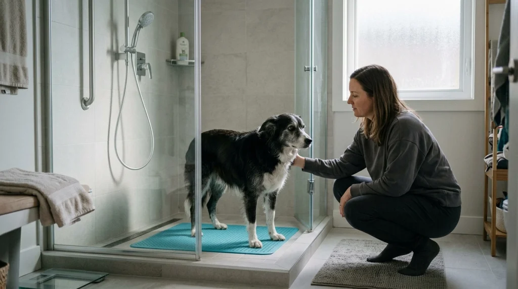 Senior Border Collie standing securely on a non-slip mat in a low-entry shower with an owner nearby.