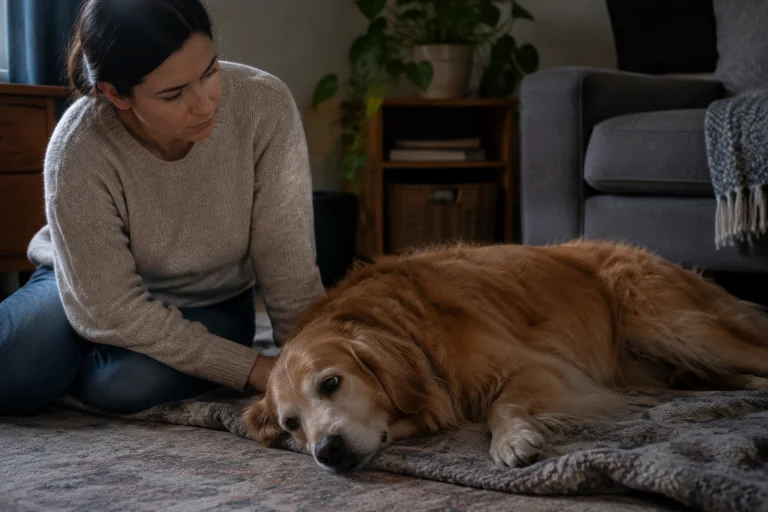 Dog resting calmly in a quiet room after a seizure