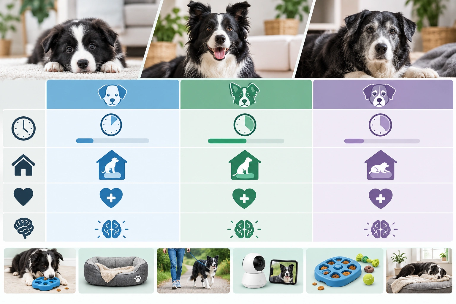 Border Collie owner comparing puppy adult and senior alone-time limits
