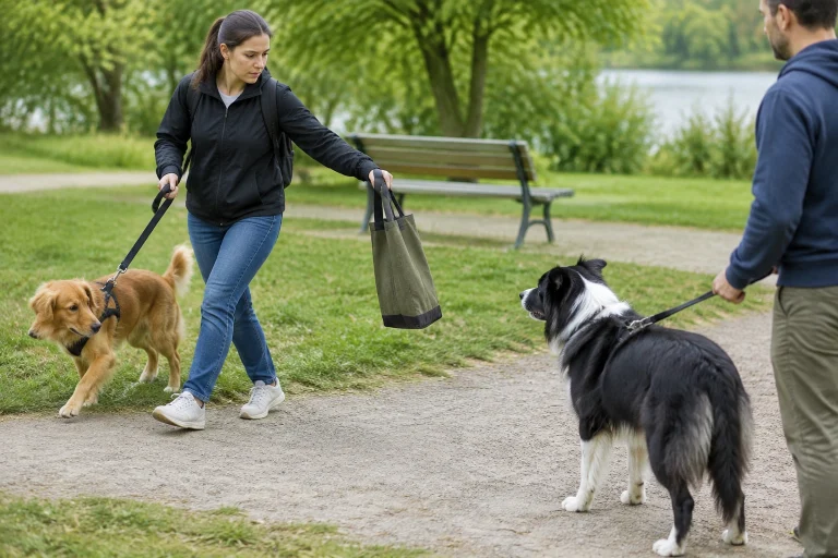 Owner calmly creating distance after a dog attack