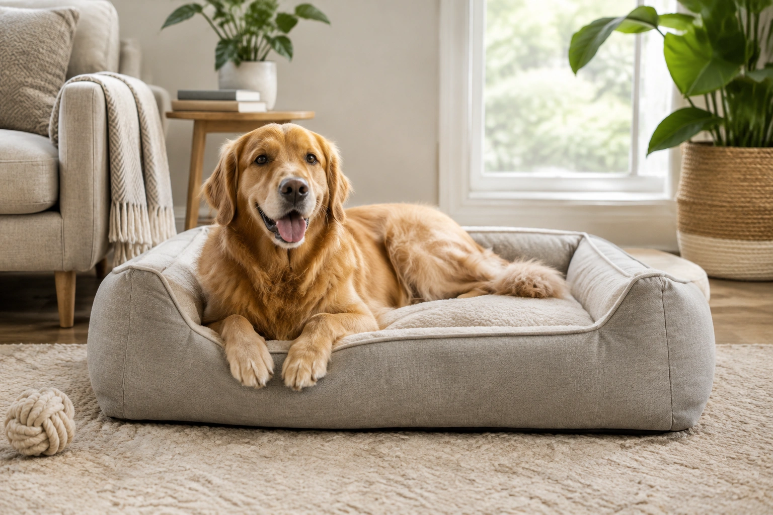 Clean dog bed with washable cover in a quiet room