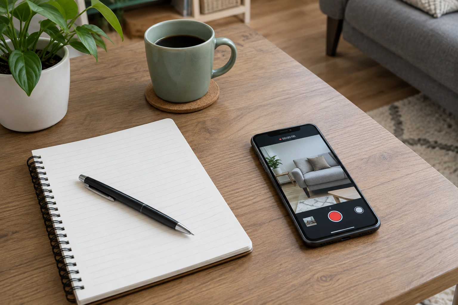 Notebook beside a phone recording a dog behavior video