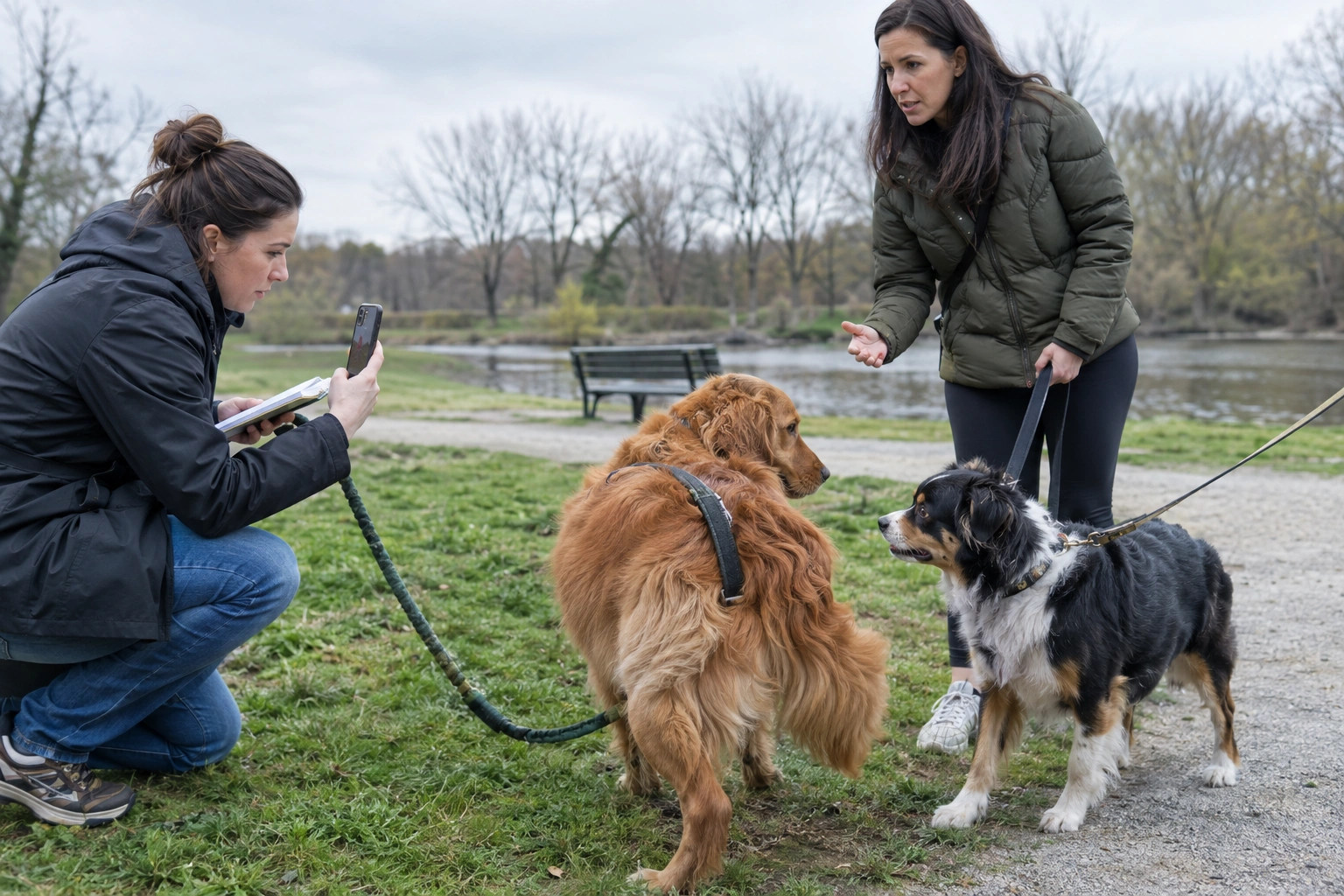 Dog owner documenting a bite incident with phone and notes