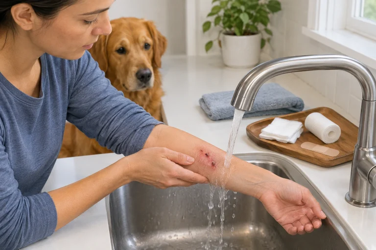 Person cleaning a dog bite wound with water and gauze