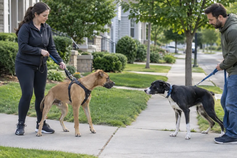 Owner calmly separating two dogs after a bite incident