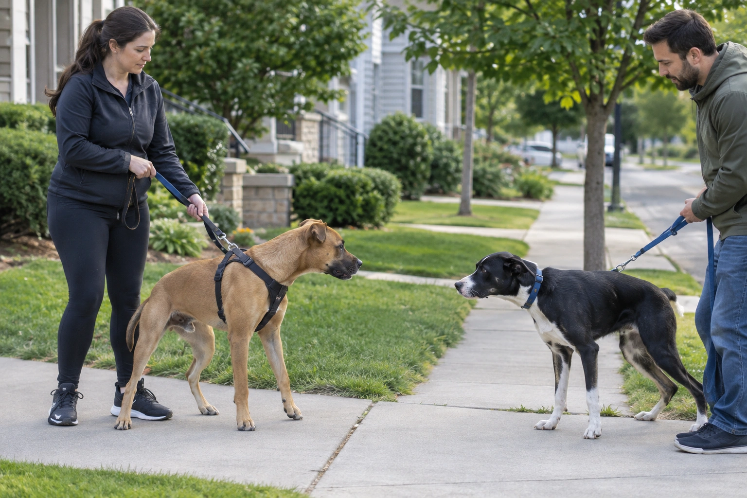 Owner calmly separating two dogs after a bite incident