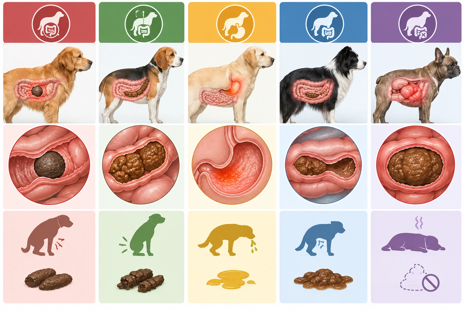 Comparison table of dog blockage, constipation, and stomach upset