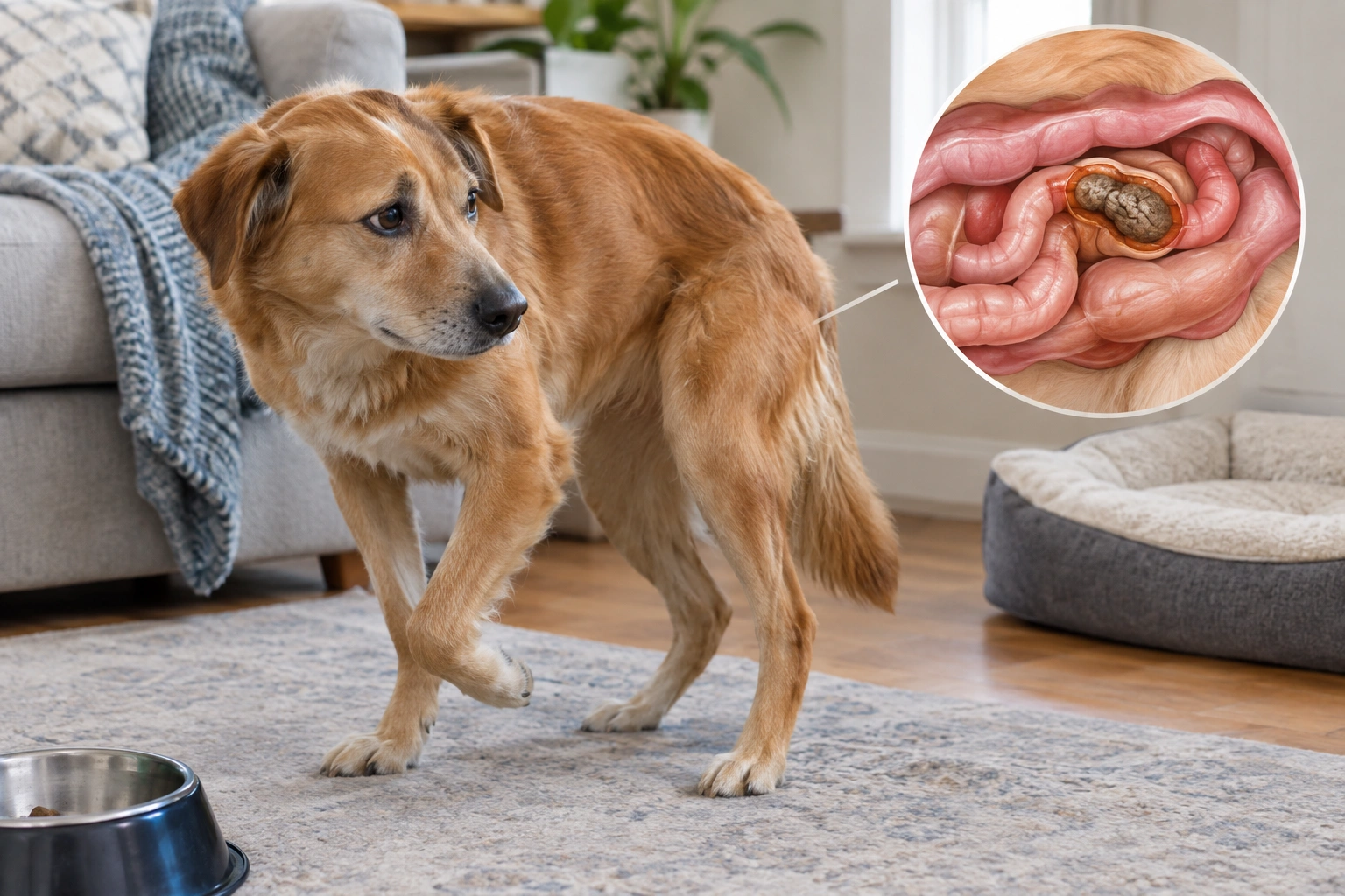 Dog showing signs of possible intestinal blockage with vomiting and lethargy