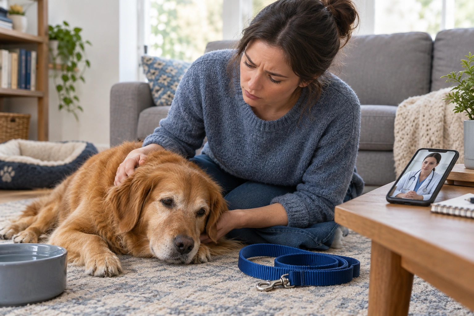 Dog owner checking emergency signs for high blood sugar in a dog