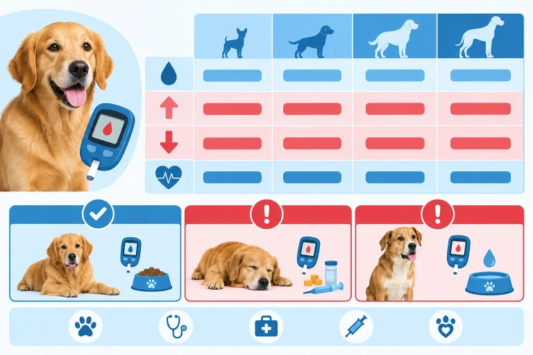 Table showing normal, low, high, and emergency blood sugar levels in dogs