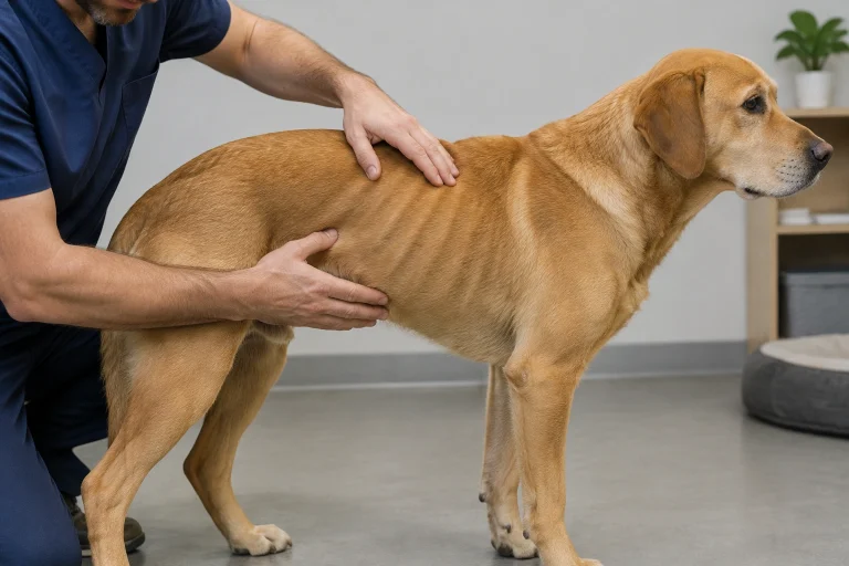 Close-up of a healthy dog’s body condition being assessed by hands along the ribs