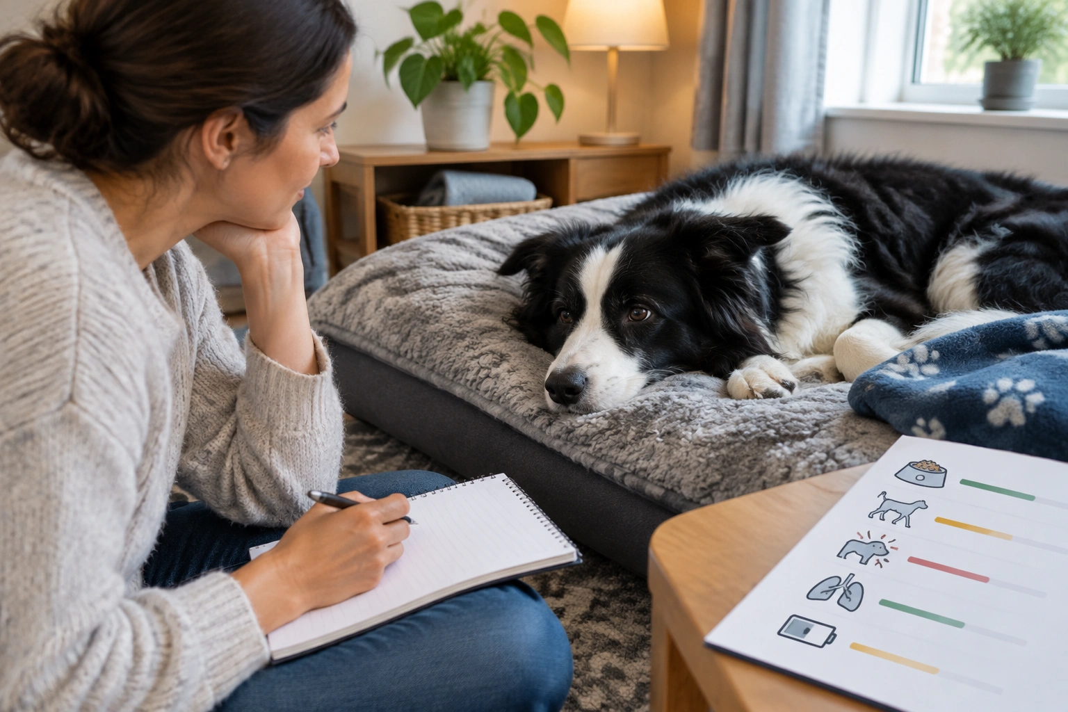 Dog owner monitoring quality of life signs in a senior Border Collie with cancer