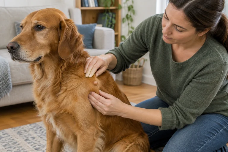 Dog owner checking a suspicious lump on a dog