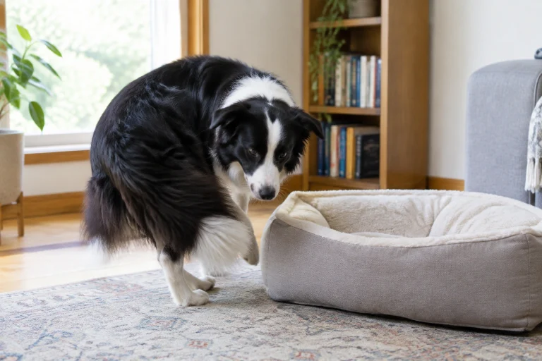 Dog circling once before lying down on a bed