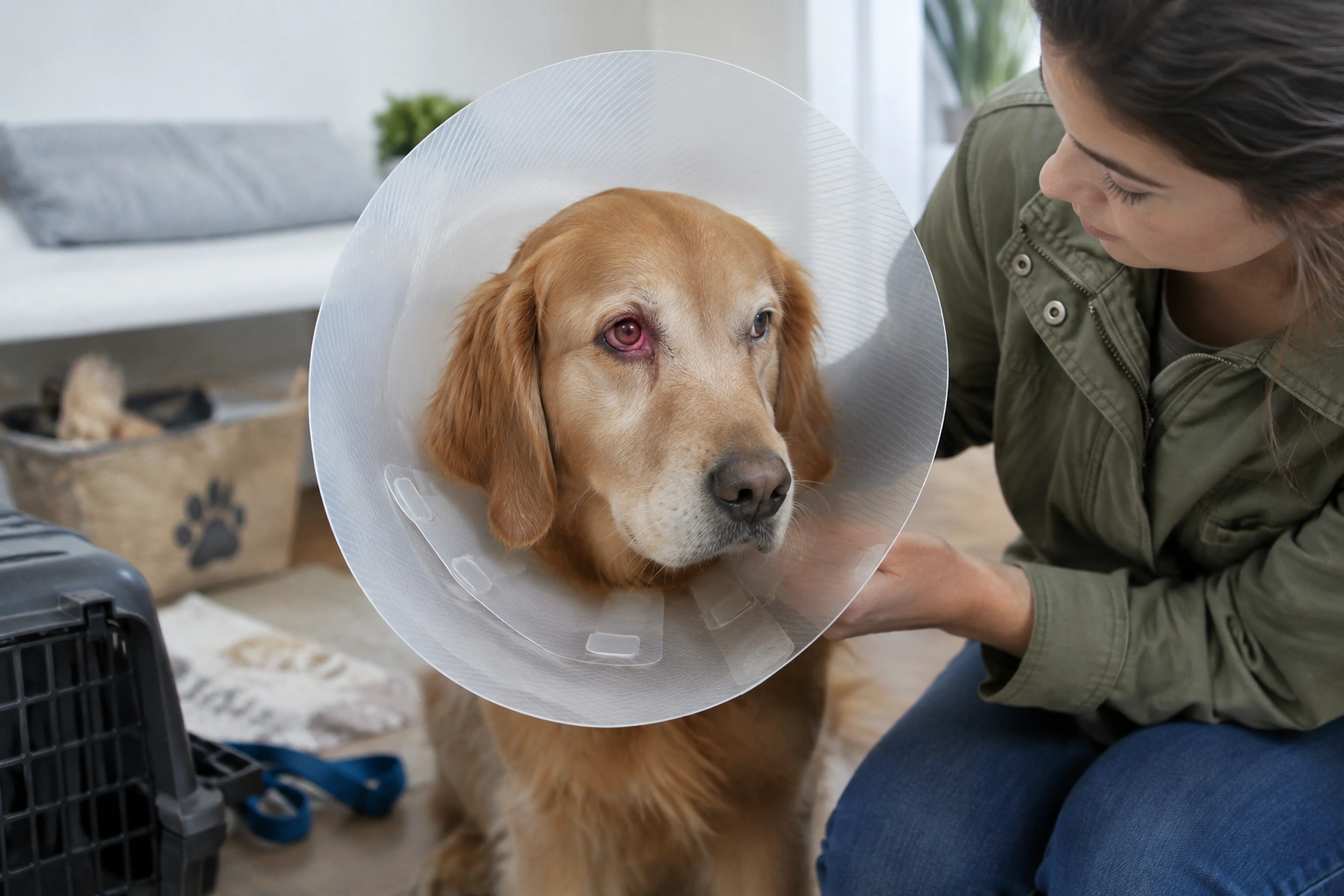 Dog wearing cone for red eye protection