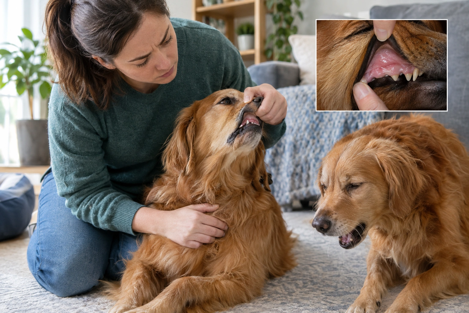 Dog owner checking gums and breathing in a coughing dog