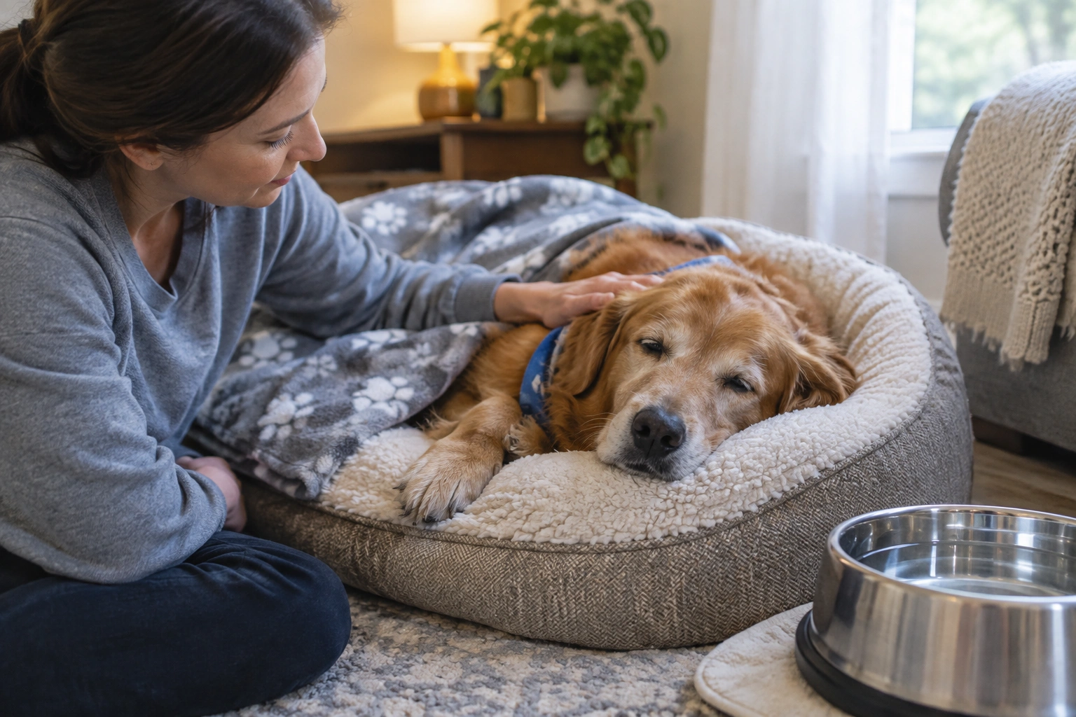 Dog resting at home after dental cleaning with soft bedding
