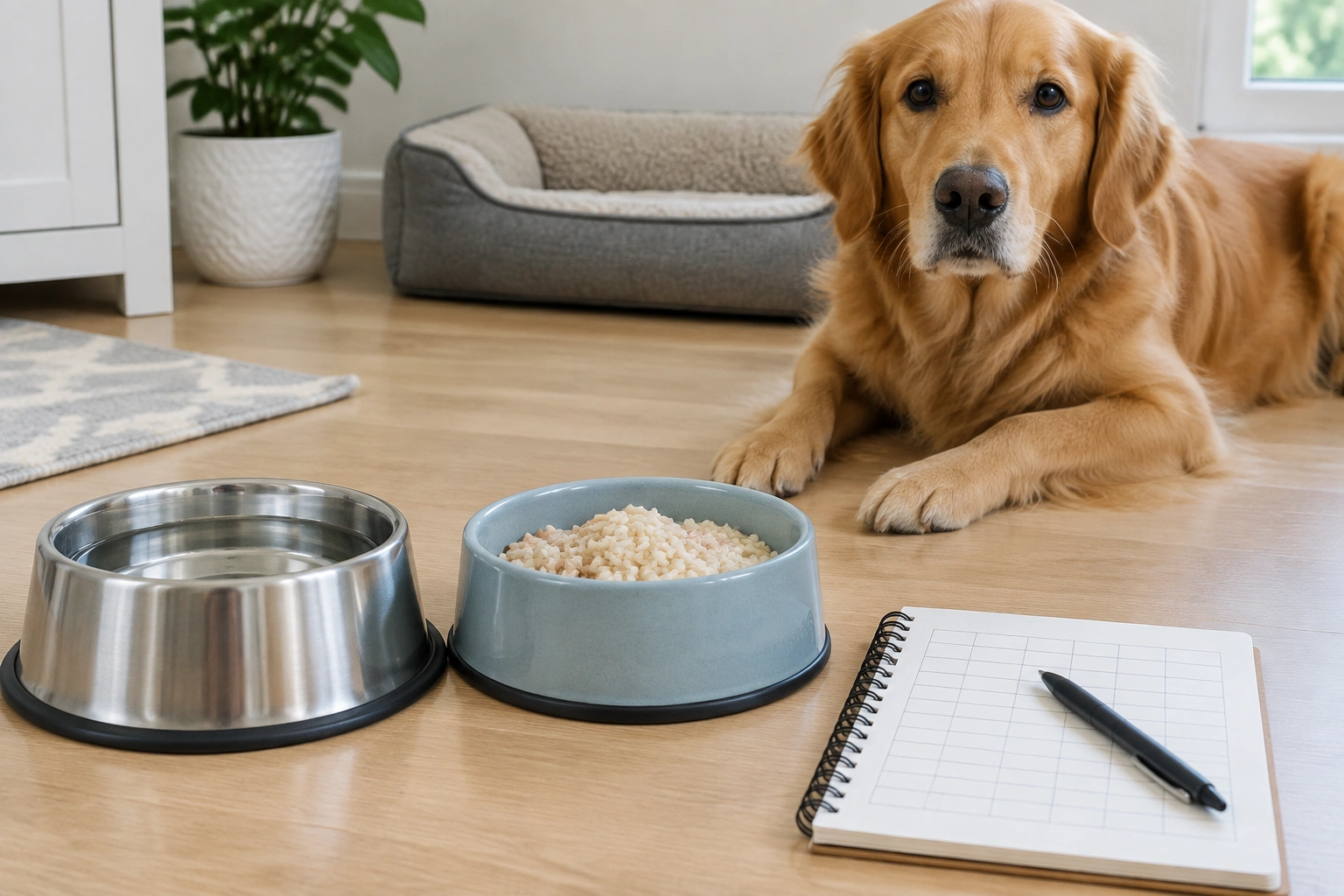 Dog water bowl and bland food setup for diarrhea recovery