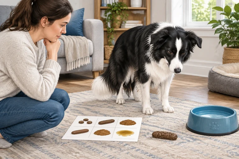 Border Collie owner checking a dog for diarrhea warning signs