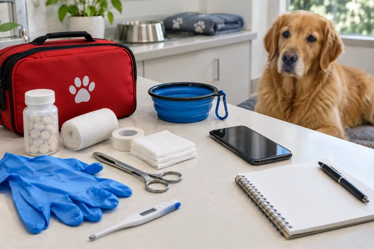 Dog emergency first-aid supplies laid out on a counter
