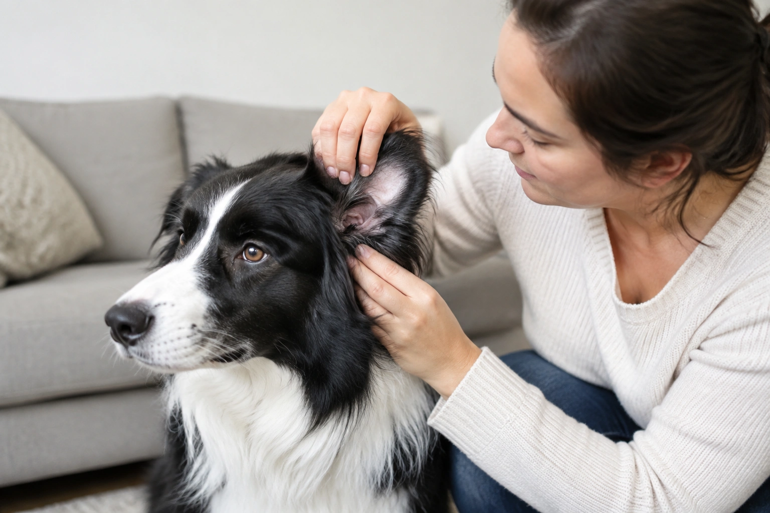 Dog owner gently checking a Border Collie’s ear
