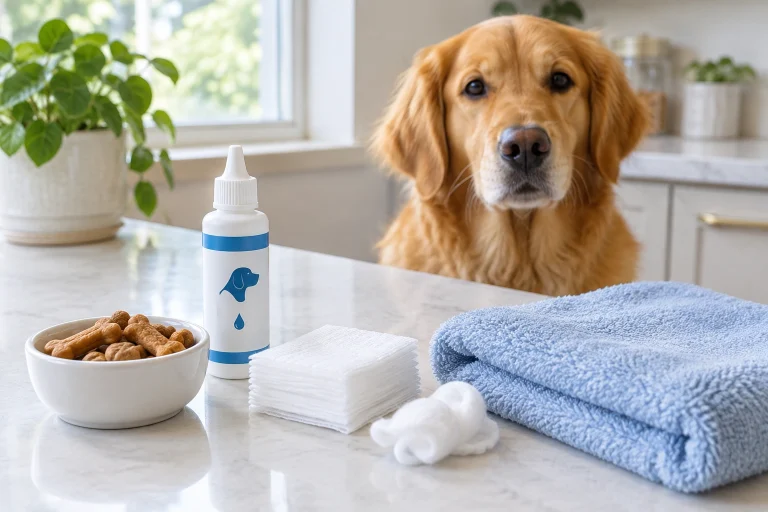 Dog ear drops and supplies laid out before treatment