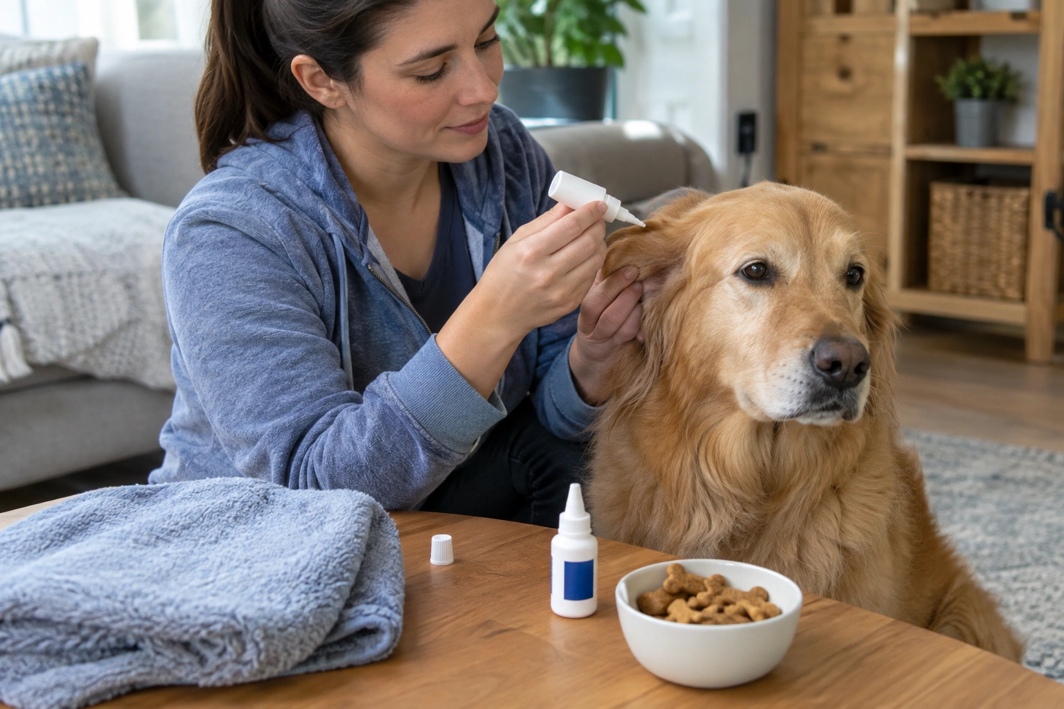 Dog ear drops treatment setup with treats and towel on a counter