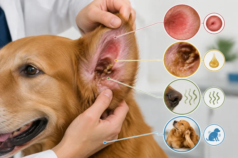 Dog ear infection signs including redness, discharge, and scratching