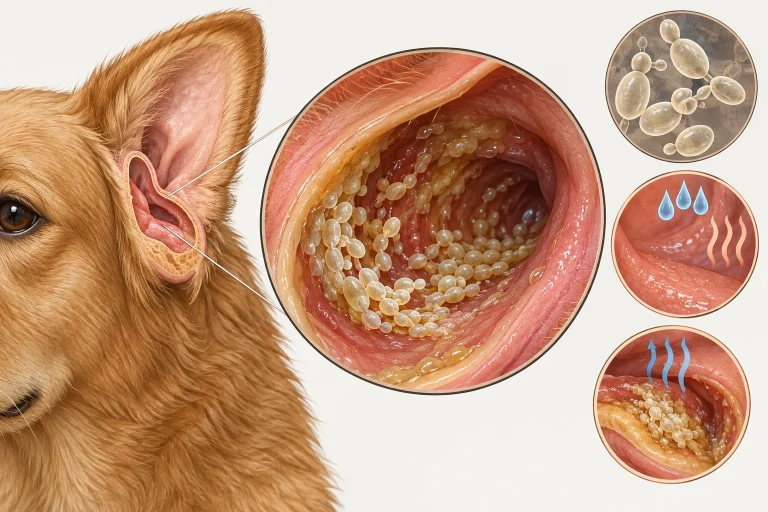 Illustration of yeast overgrowth inside a dog's ear canal