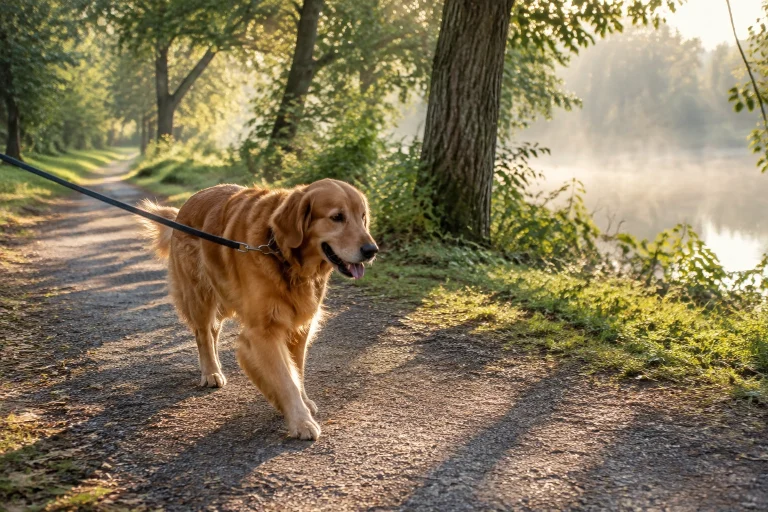 Dog walking on a shaded path in early morning light