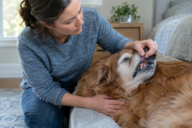 Worried dog owner checking a dog’s breathing and responsiveness