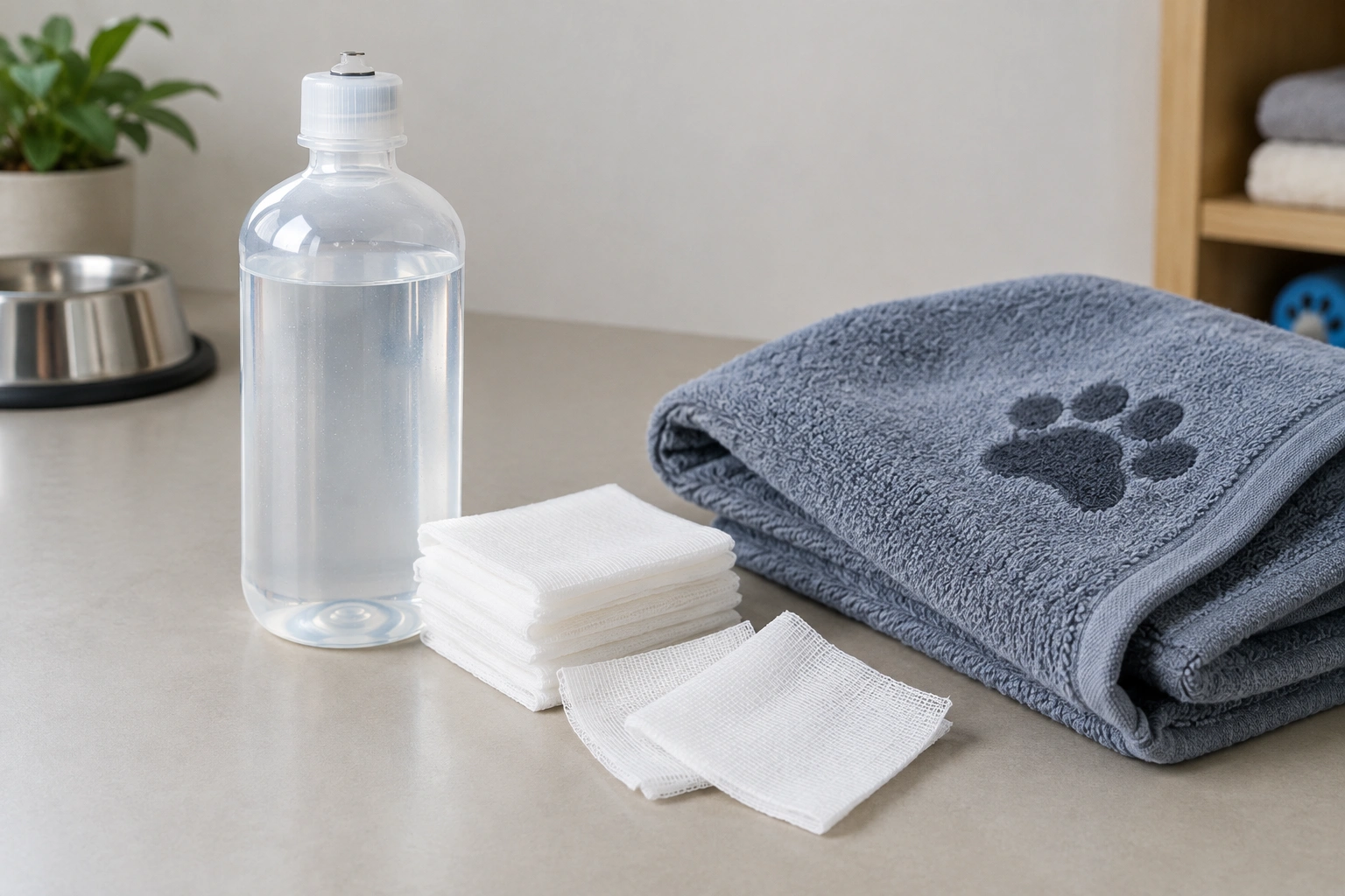 Vet-approved saline and soft gauze next to a dog care setup