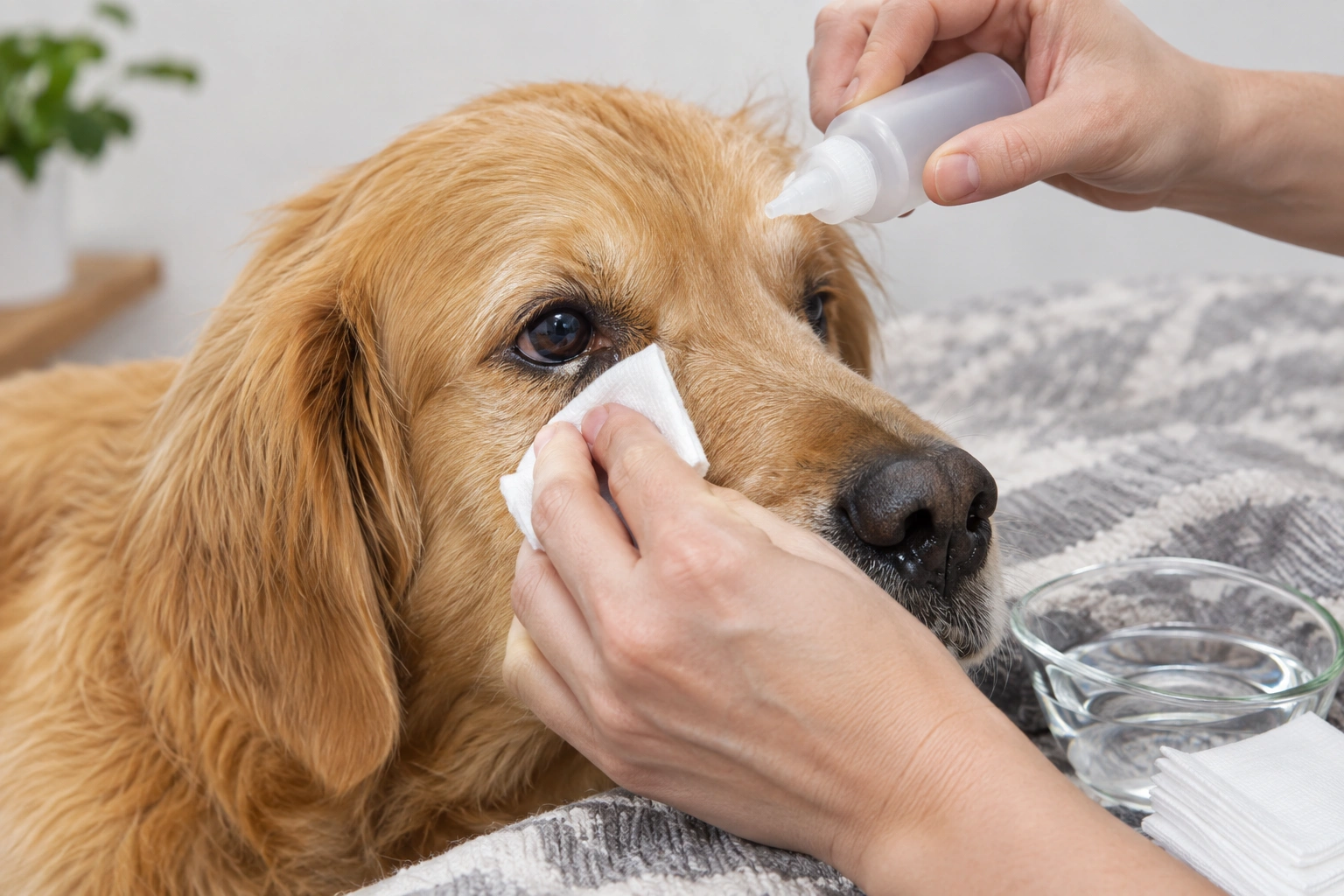 Dog eye cleaning with sterile saline and soft gauze